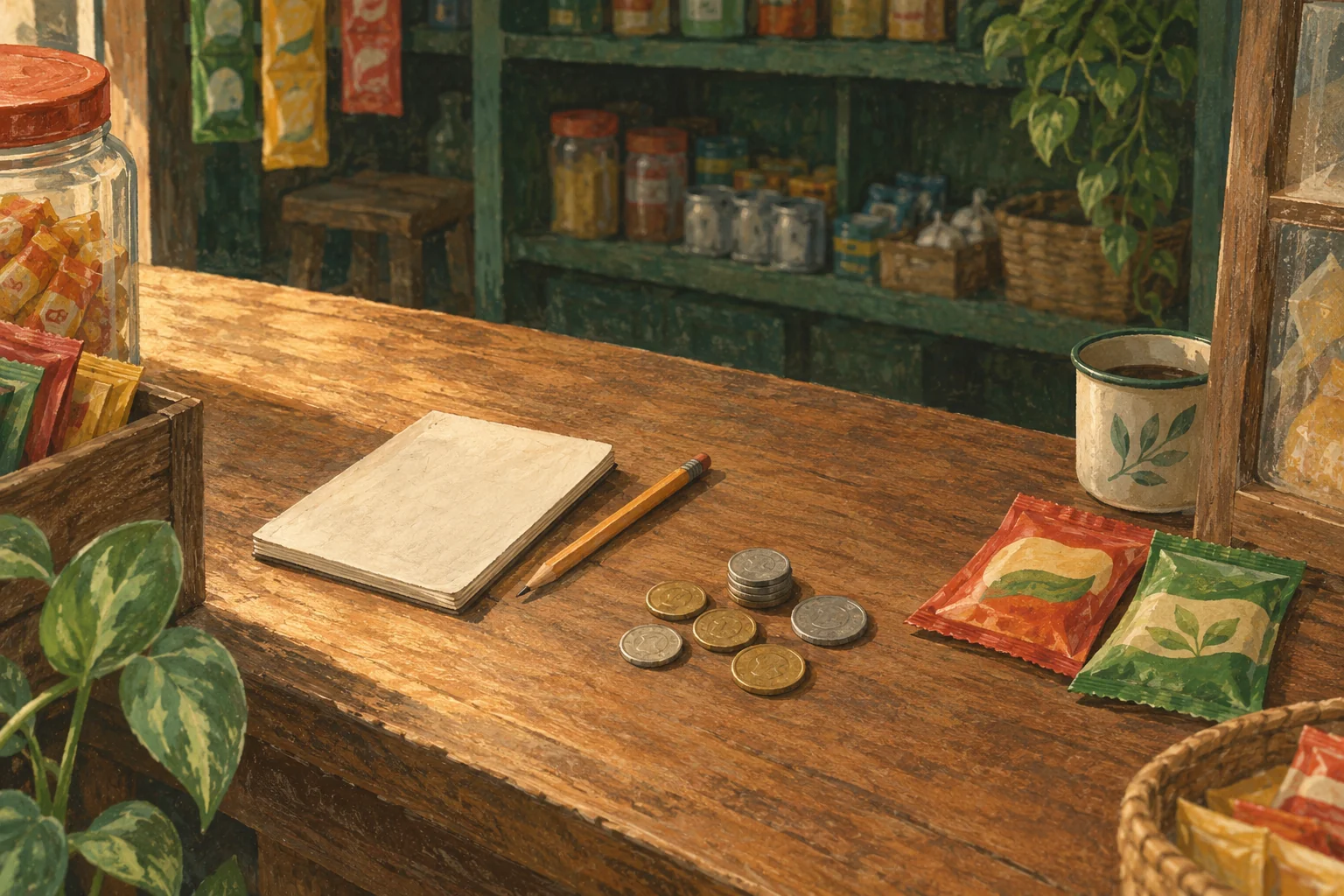 Illustration d’un comptoir avec carnet, sachets sans marque et pièces de monnaie